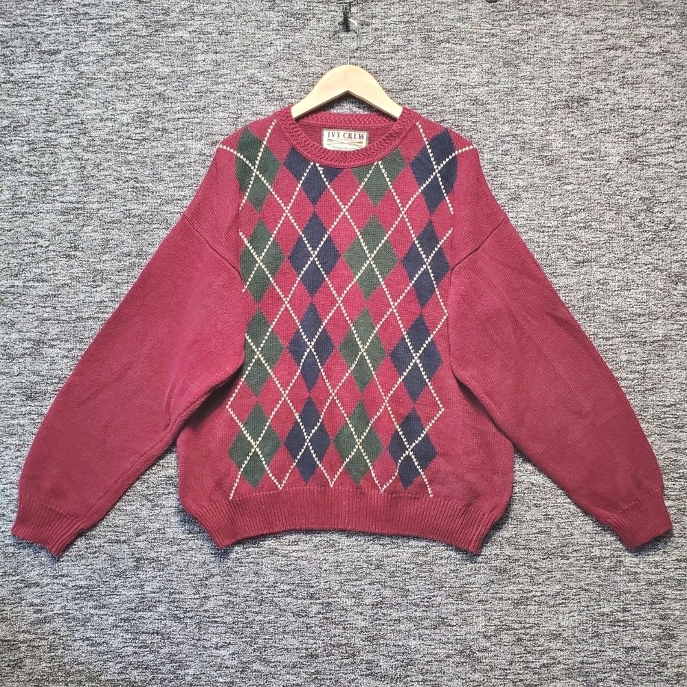 Vintage Ivy Crew Argyle Sweater Size XL Maroon Red Plaid Knit Ramie Cotton